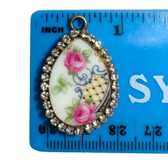 VNTG Bavaria Franklin Teardrop Porcelain Pendant W/ Pink Roses & Rhinestone Trim - Picture 4 of 11